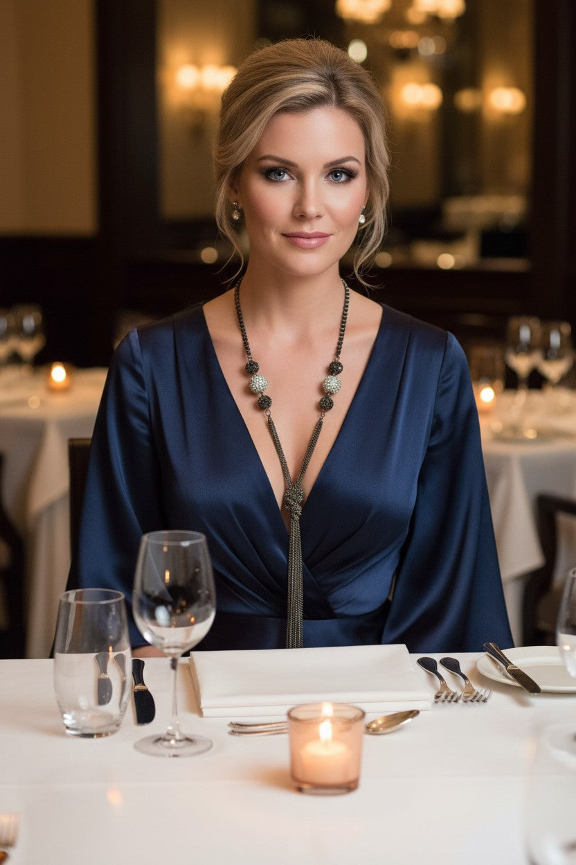 A woman seated at a restaurant table wearing a navy satin wrap-style top and a long gunmetal chain knot necklace with a tassel. The scene includes wine glasses, cutlery, candles, and softly blurred dining background.