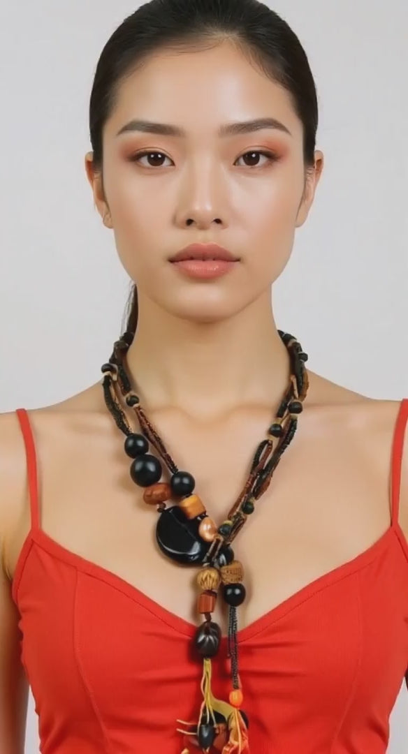 Asymmetrical Boho Beaded Lariat Necklace – Earthy Wood & Coffee Brown Statement Jewelry