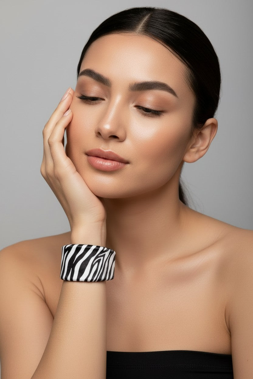A close-up portrait of a model showcasing a wide structured leather cuff bracelet with a bold black and white zebra stripe animal print pattern.