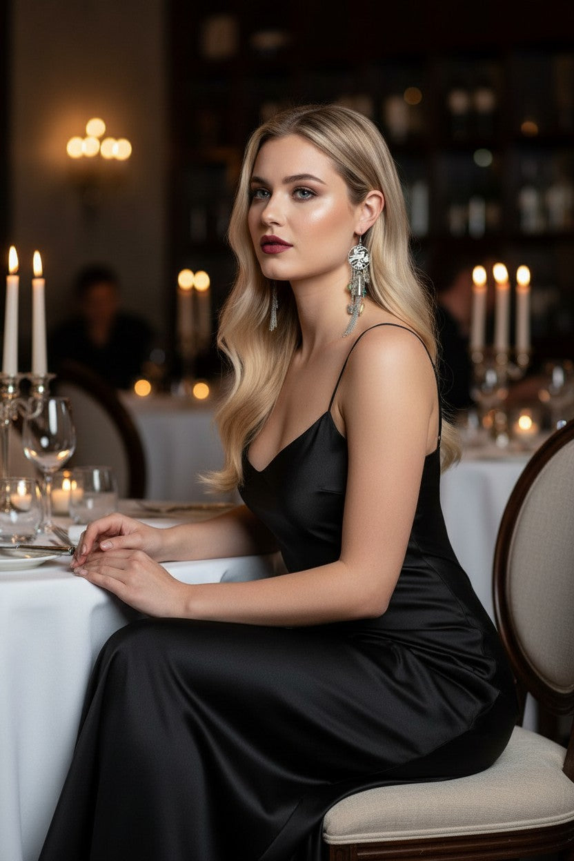 A blonde woman wearing a black satin slip dress and long silver statement earrings sits at a candlelit restaurant table.