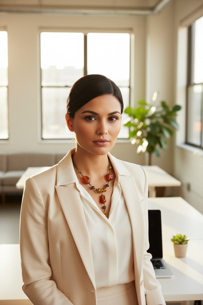 A woman with dark hair pulled back stands in a bright office setting, wearing a cream-colored blazer and matching top with a chunky amber-brown beaded necklace.