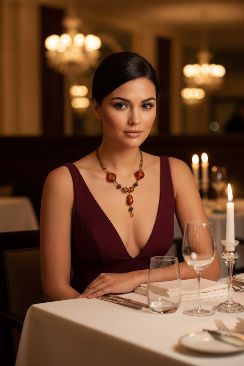 A woman seated at a restaurant table wearing a deep burgundy sleeveless dress and a statement necklace with amber and golden beads. The background shows a softly blurred dimly lit dining room with chandeliers and candles.