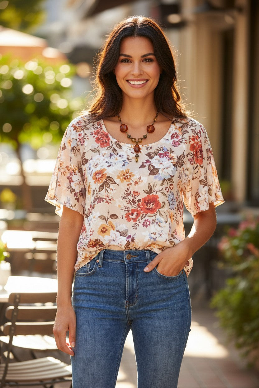 A woman wearing a vintage style amber necklace with short-sleeve floral blouse and blue jeans, standing outdoors in a sunlit patio setting.