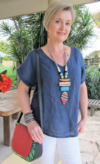 Buy navy L564-Conti Moda Smart V Neck Italian Linen Top