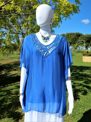 Buy cobalt L581-Conti Moda Italian Silk V Neck Top