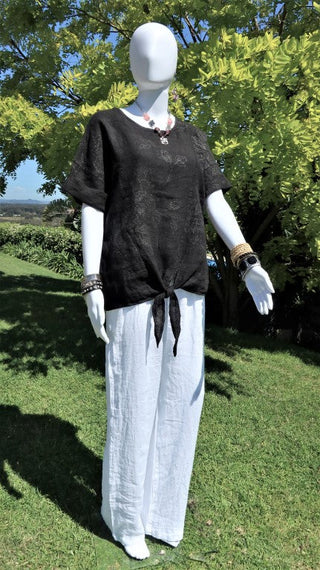 Buy black L794-Conti Moda Italian Print Top With Front Tie